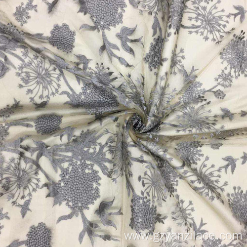 Gray Sunflower Embroidered Tulle Fabric